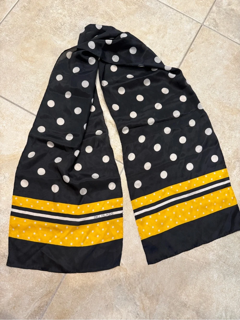 Bill Blass vintage Black Polka Dot silk scarf with Yellow Stripe Accent
